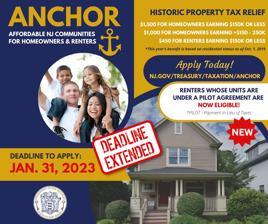 NJ ANCHOR Property Tax Relief Program Application Deadline Extended to